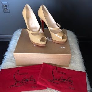 Christian Louboutin Taupe leather Barre 140 Jazz Calf Platform Pumps Peeptoe